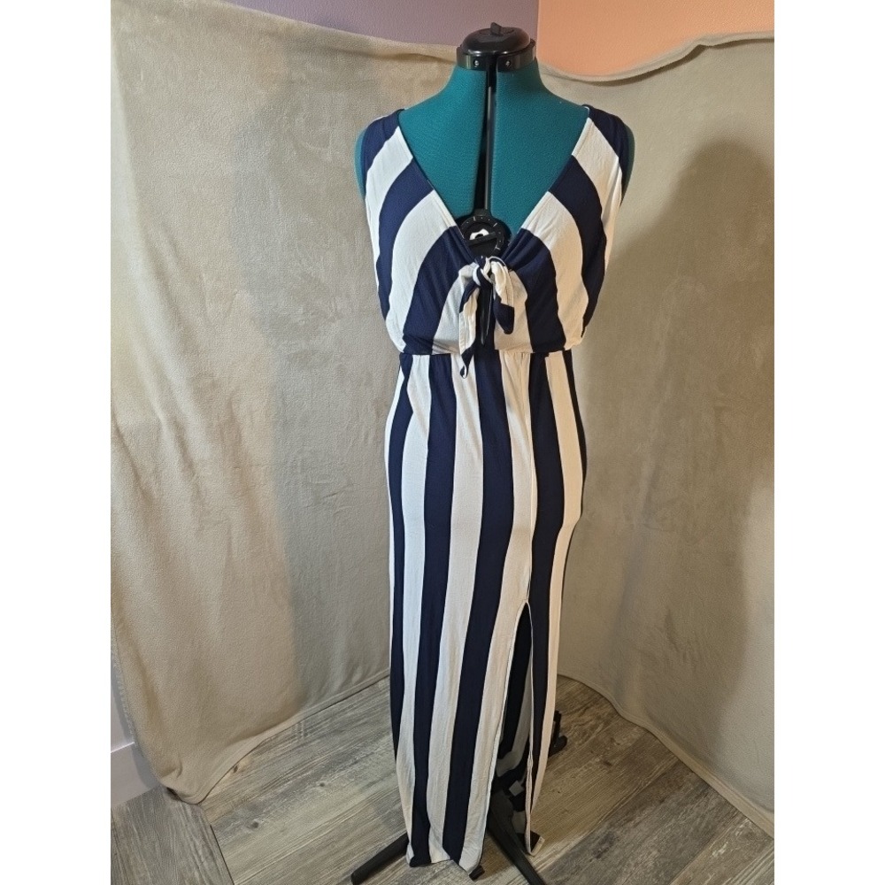 Swell Navy White Striped Nautical Stretchy Maxi Dress Large Clingy Sexy Body Con